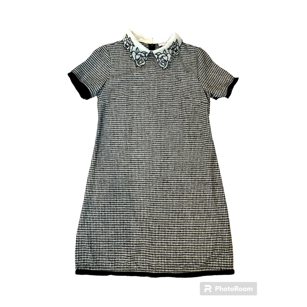 Sonja Black/White Houndstooth Turndown Floral Collar Short Sleeve Dress XS
